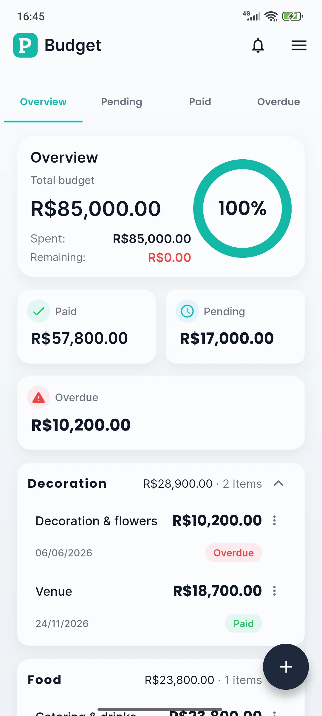 Planne screen showing the event budget and expenses