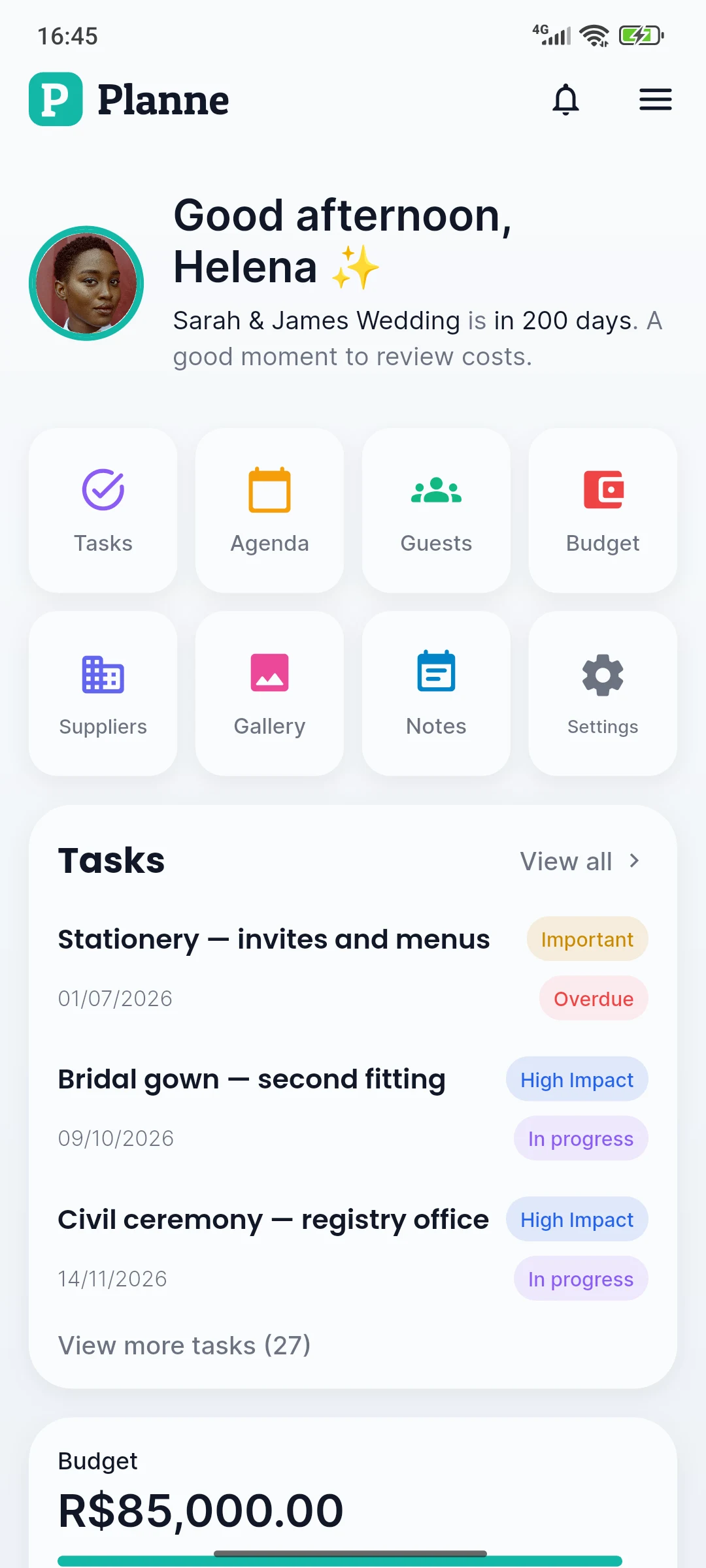 Real Planne home screen with shortcuts, tasks and budget summary
