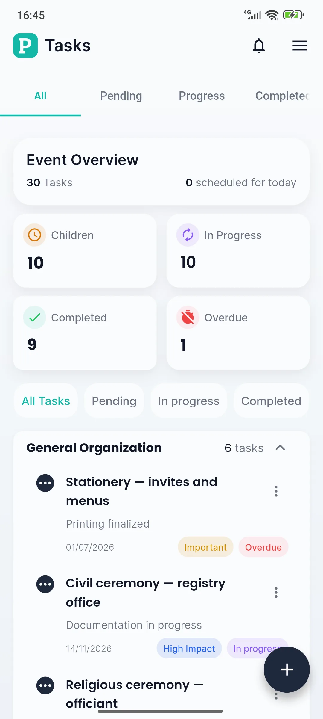 Planne screen showing event tasks and deadlines