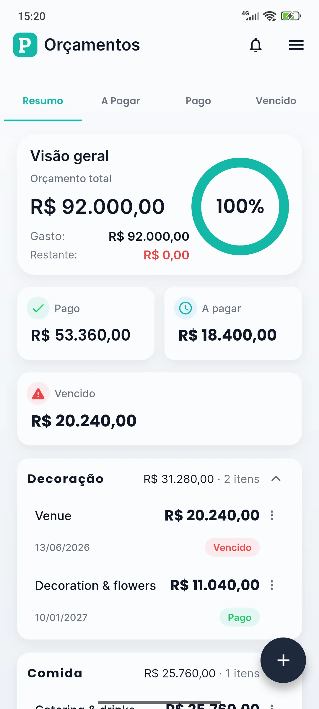 Tela do Planne com o orçamento e as despesas do evento