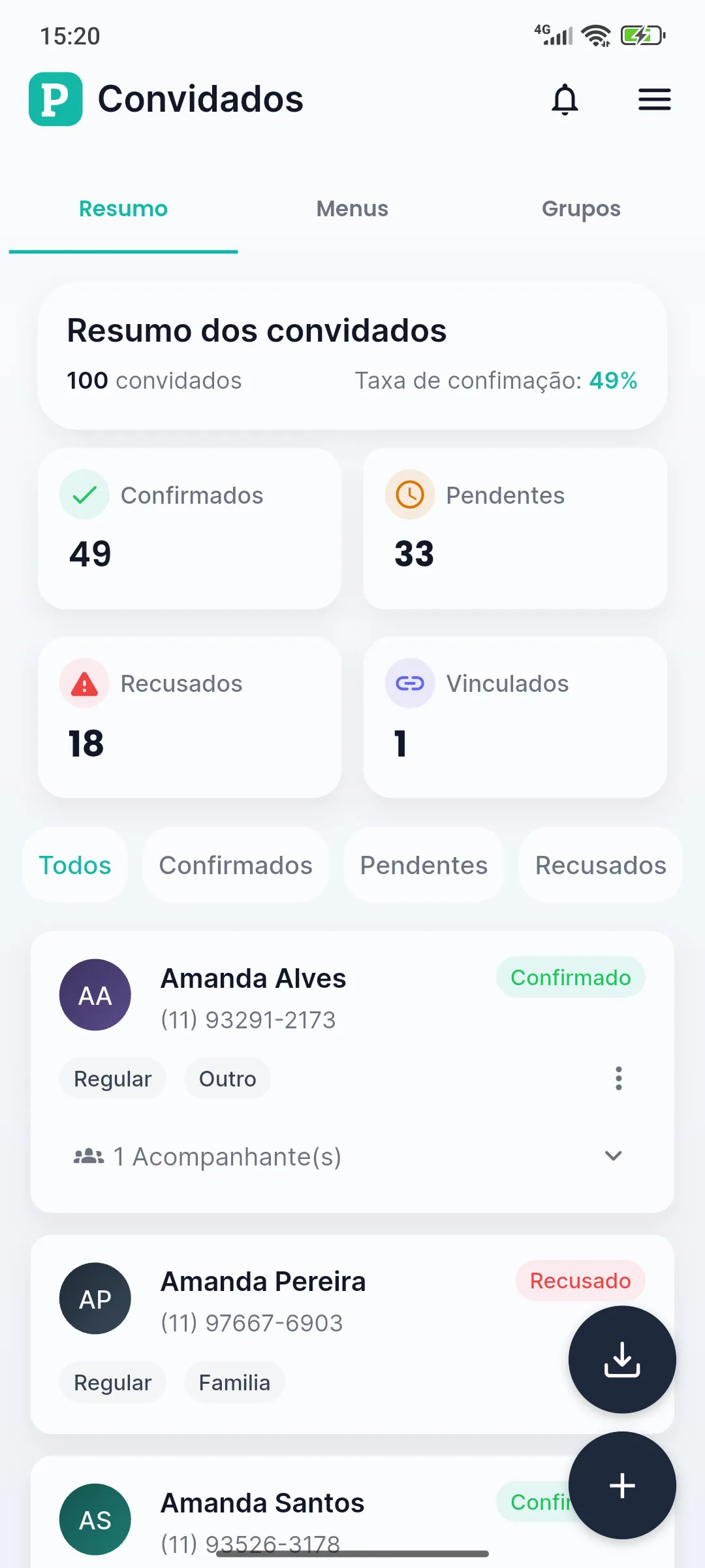 Tela do Planne com a lista de convidados do evento