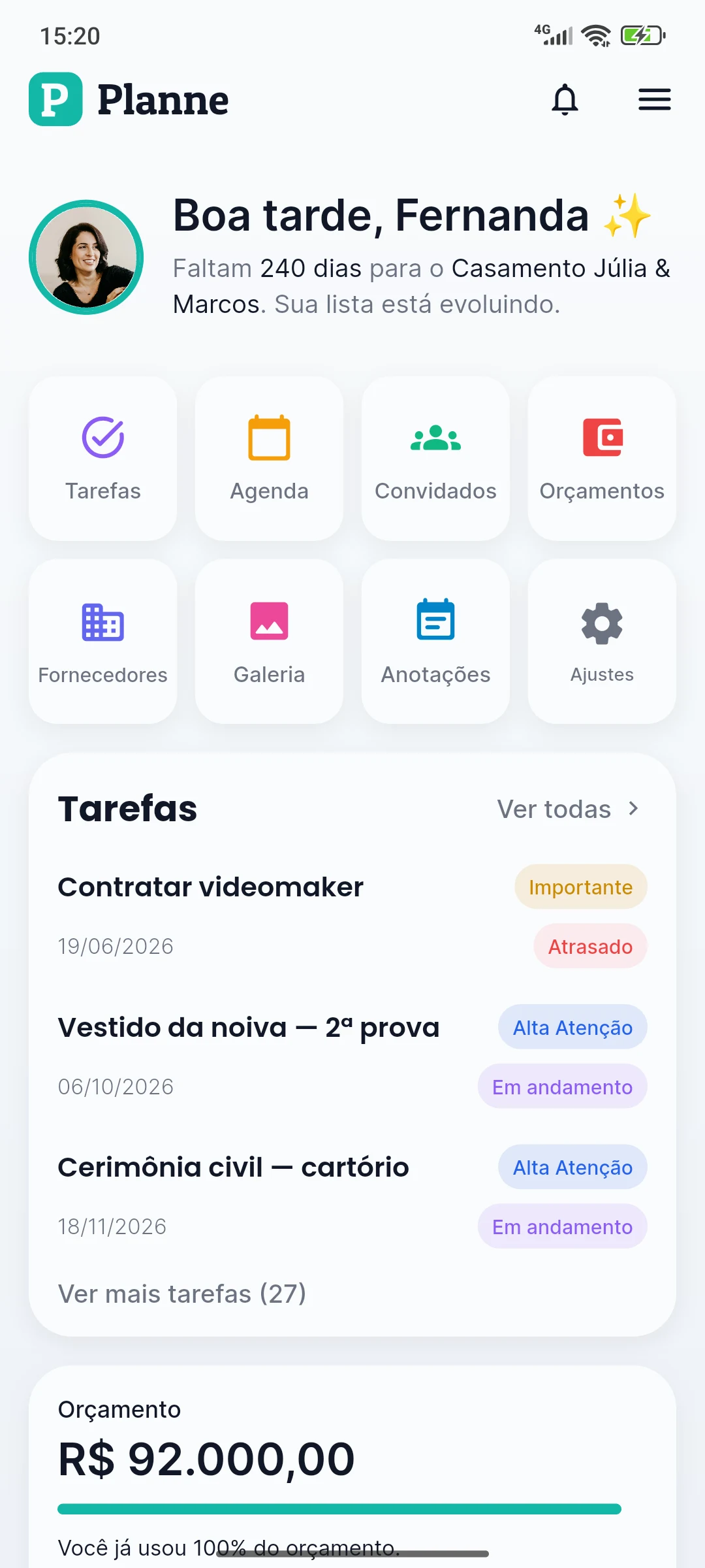 Tela inicial real do Planne com atalhos, tarefas e resumo do orçamento