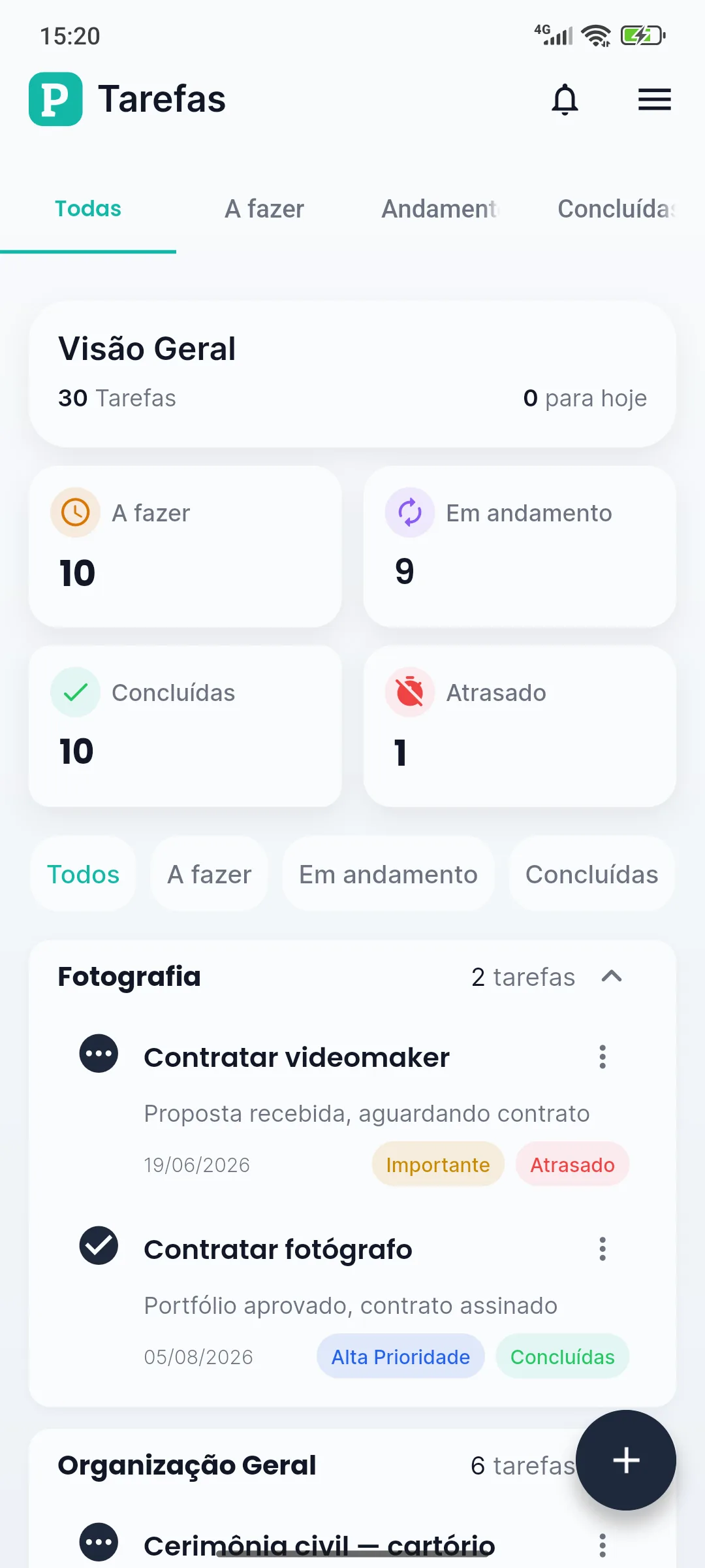 Tela do Planne com as tarefas e os prazos do evento